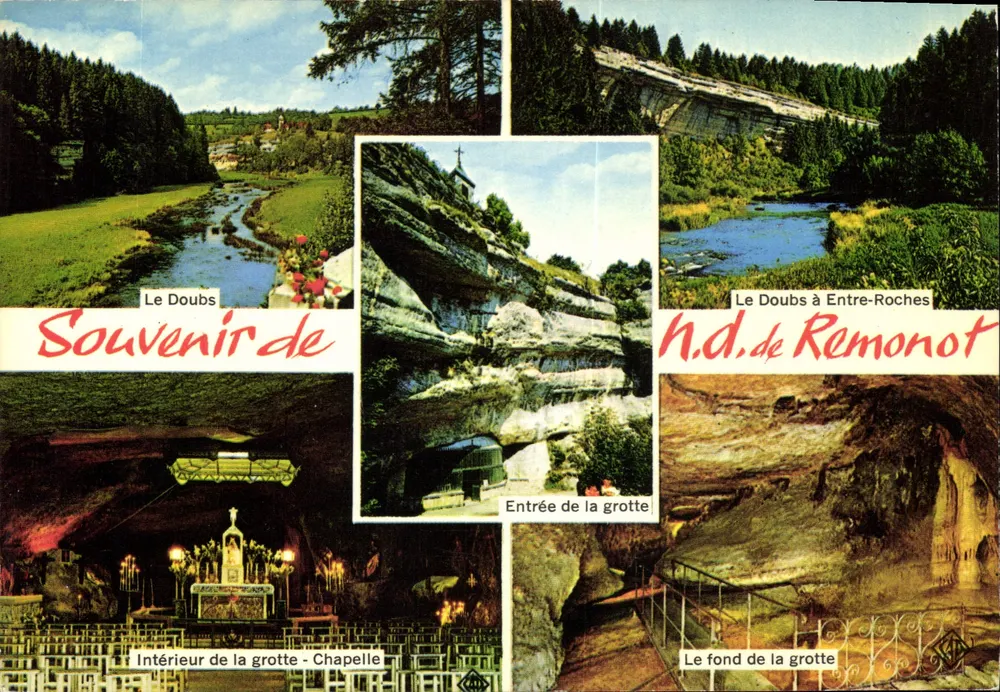 Gruta de Nossa Senhora de Remonot — O Doubs em Entre-Roches — H.D. de Remonot - Frente