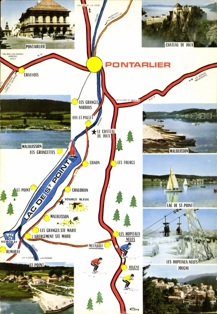 PONTARLIER — Carta turística com fotos de locais e mapa rodoviário — Editor: P. Lévy - Frente