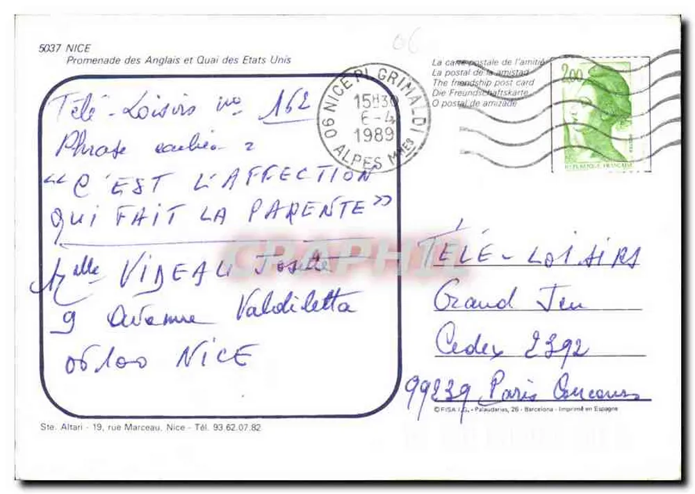 Nice — Promenade des Anglais und Quai des États-Unis — Verlag Ste. Altari, Nr. 5037 - Rückseite
