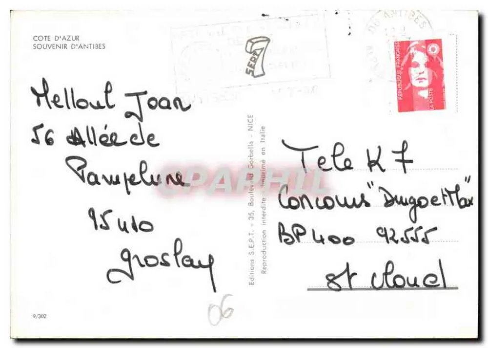 Antibes — vista da costa e rua florida — Éditions S.E.P.T. - Nice - Verso