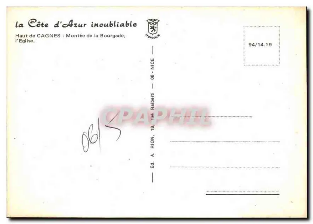 Haut de Cagnes: Montée de la Bourgade, die Kirche — Ed. A. Rion, 94/14.19 - Rückseite