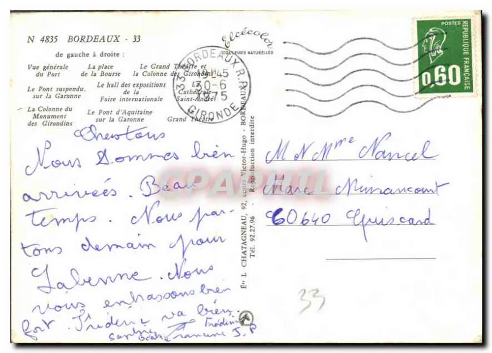 Bordeaux — vista geral — Editor L. Chatagneau, n° 4835 - Verso