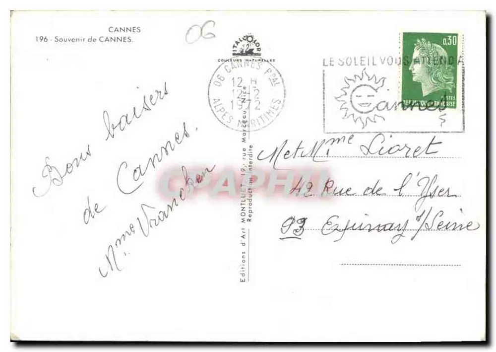 Cannes — vista panorâmica, pinha e porto — Éditions d'Art Montillet - Verso