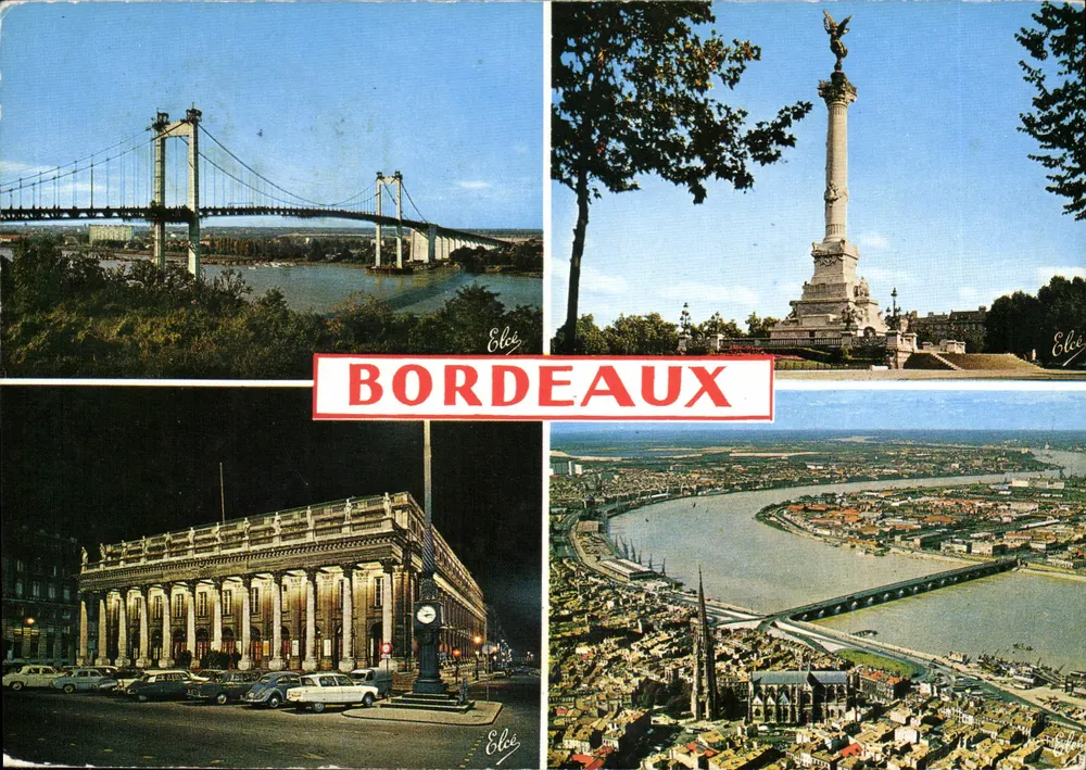Bordeaux — Pont suspenso, Monument dos Girondinos, Grande Ópera à noite, Vista geral — Editor Elée, N° 4615 - Frente