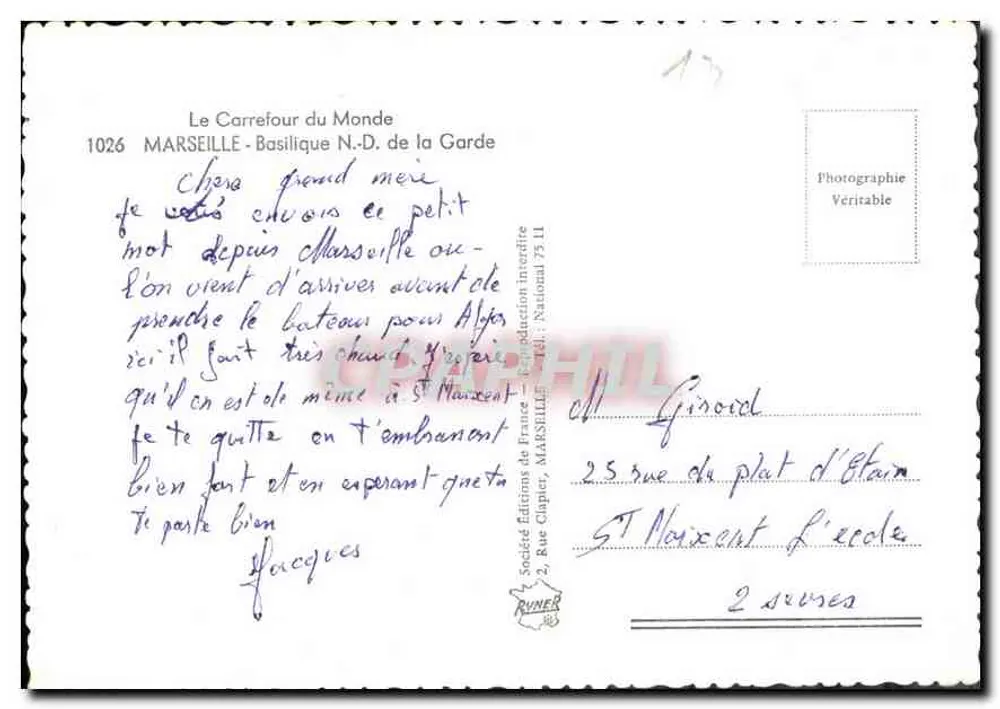 Marselha - Basílica Nossa Senhora da Guarda — Le Carrefour du Monde, n°1026 - Verso