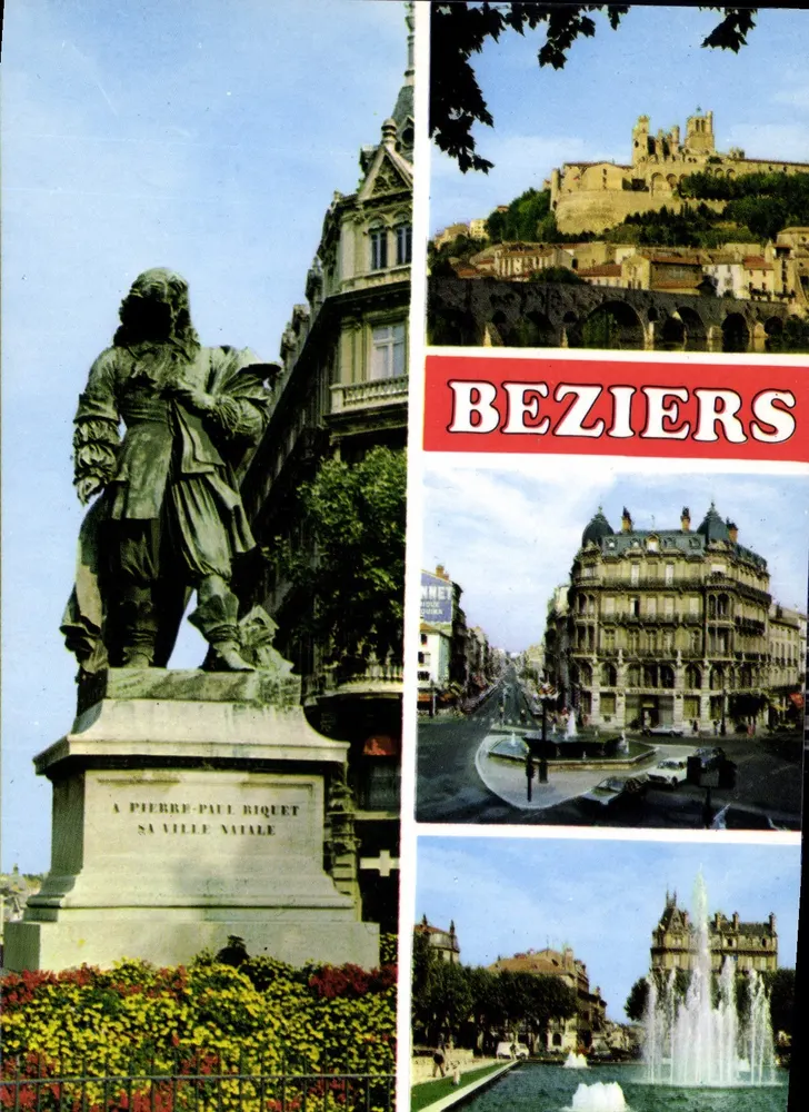 Beziers — vista da estátua de Pierre-Paul Riquet, do castelo e das ruas — edições de France, n° 21760 - Frente