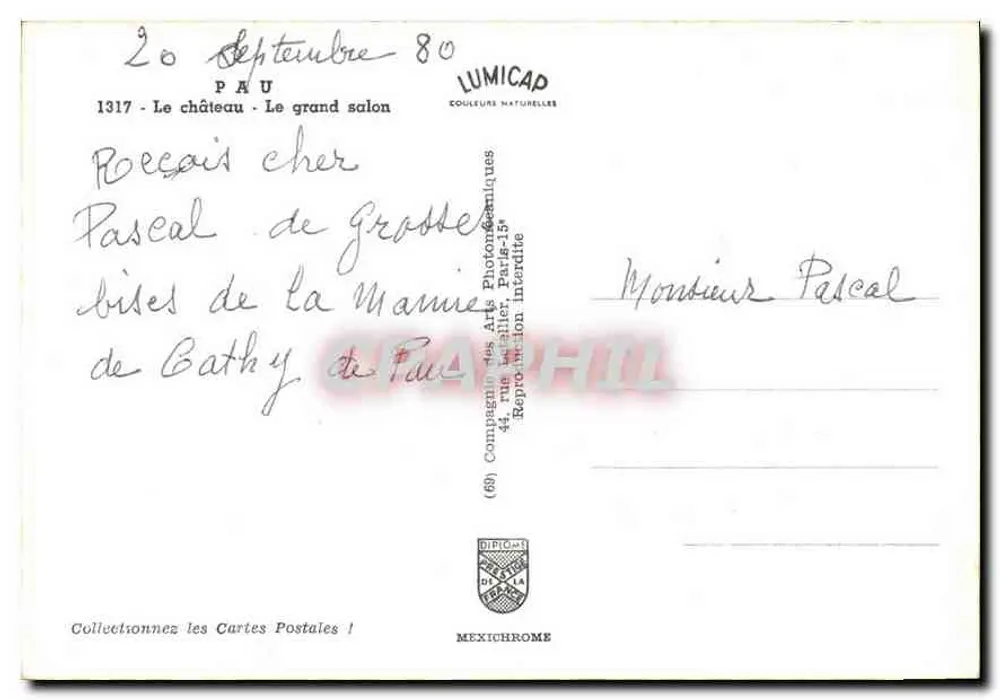 Pau - O castelo - O grande salão — Lumicap, n° 1317 - Verso
