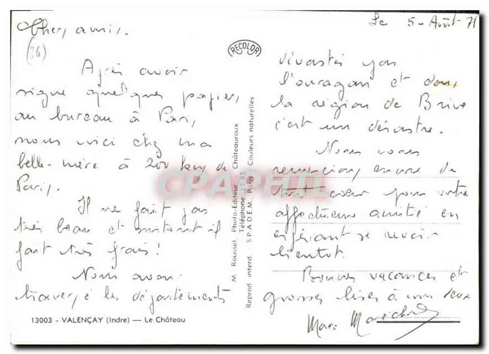 O Castelo de Valençay — Indre — editor M. Roussel - Verso
