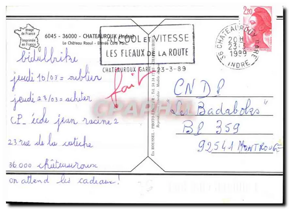 Châteauroux — Schloss Raoul — Verlag: Éd. Rousselet, Nr. 6045 - Rückseite