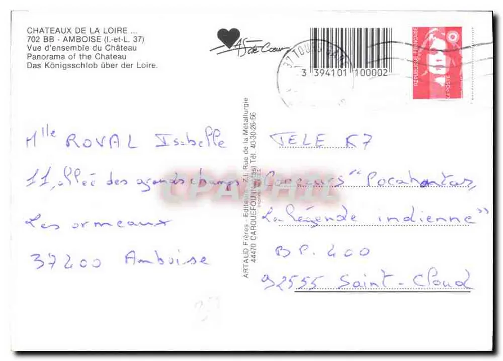 Amboise — Königliches Schloss und Stadt — Verleger ARTAUD Frères, n° 257 - Rückseite