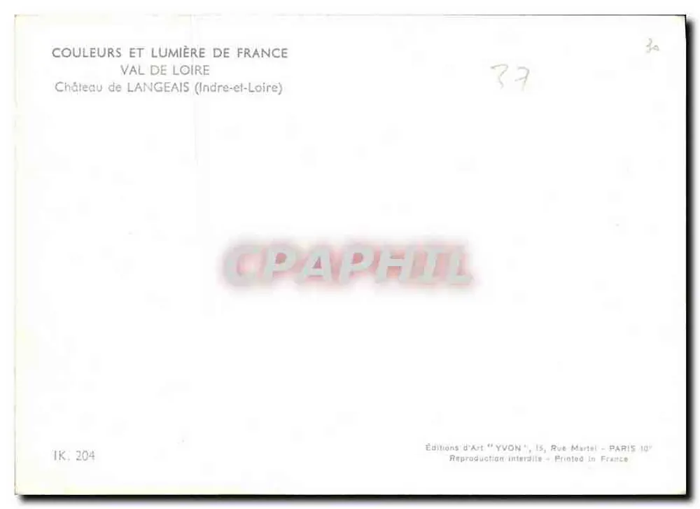 Schloss Langeais — Indre-et-Loire — Kunstausgabe 'YVON', Paris - Rückseite