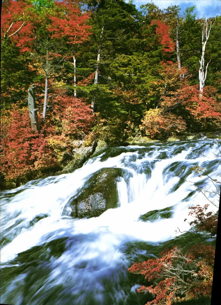 Cachoeira Ryuzu — cachoeira de 100 pés do rio Ryuzu, vista magnífica — editor Japan Travel Agency, Tóquio, Japão - Frente