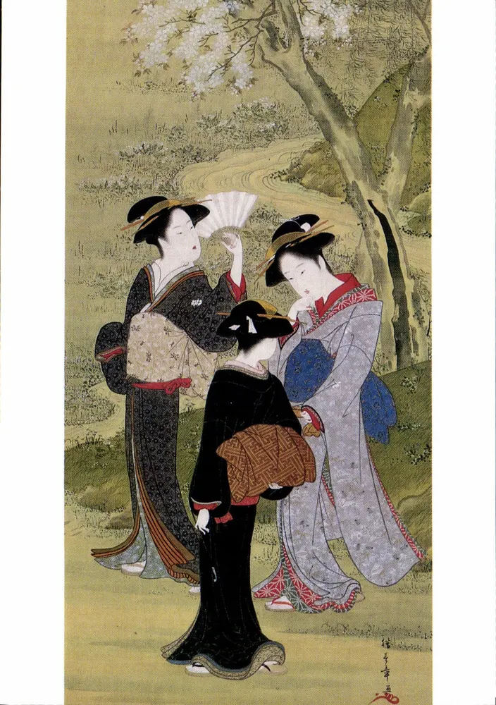 Trzy piękności pod cerwiankami — reprodukcja ręcznika na jedwabiu — Katsukawa Shunshō (1726-1792) - Awers