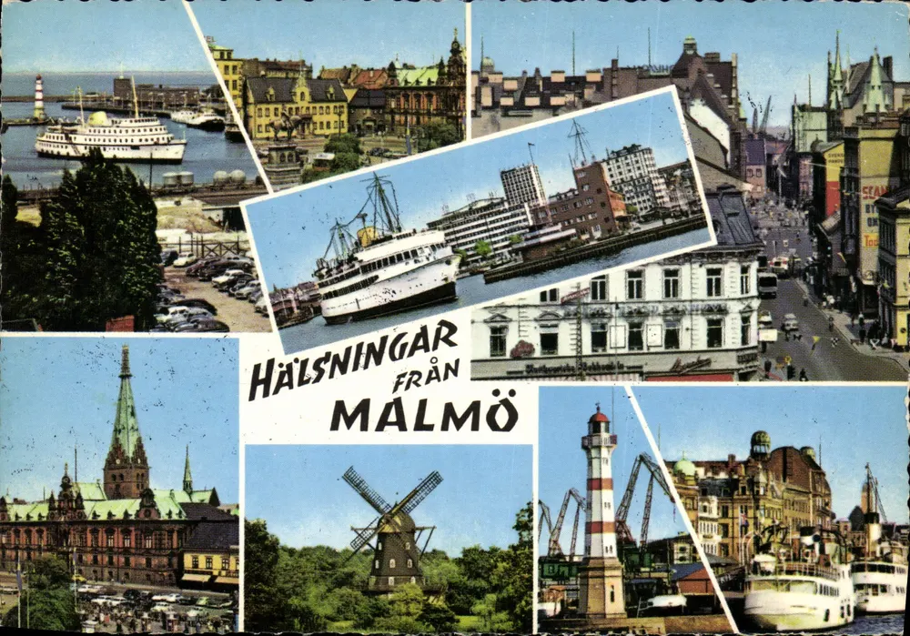 Hälsningar från Malmö — vista panorâmica da cidade com barcos, farol, igreja e moinho de vento — editor Norrby - Frente