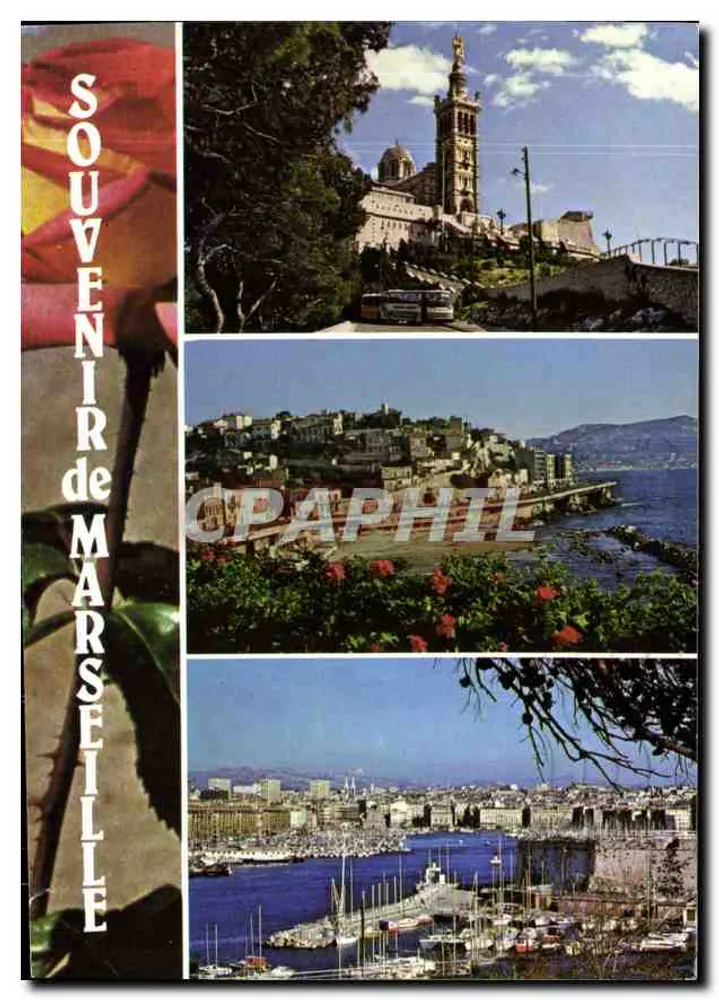Lembrança de Marselha — vista da basílica Nossa Senhora da Garoupe, do Vieux-Port e do bairro dos Pins — Éditions de la Ste-Baume - Frente