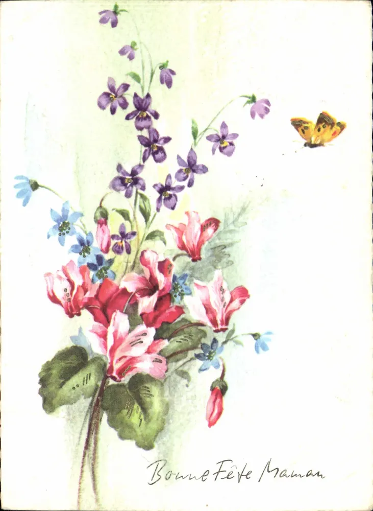 Flores e borboleta — Boa festa, mãe — Trimod in Belgium, n° 9530 - Frente