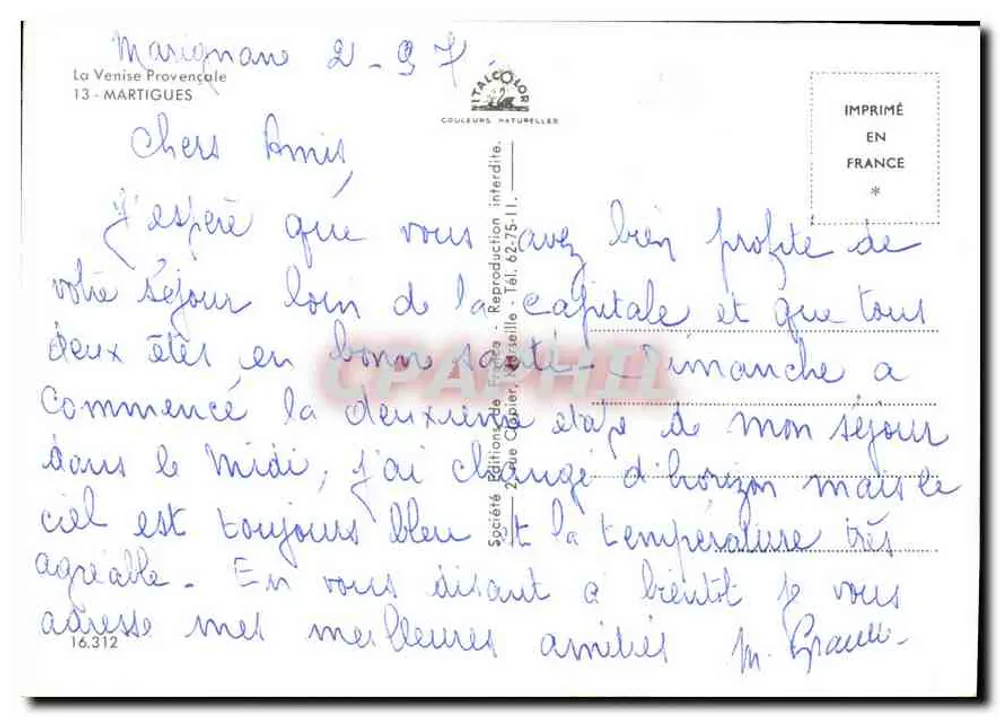 Martigues — La Venise Provençale — Éditions F. P. de Martigues, n°13 - Verso