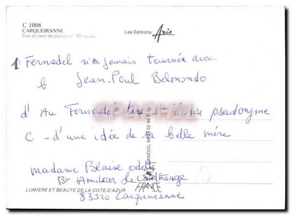 Carqueiranne — Côte d'Azur — Les Éditions Aris, n° C 1008 - Rückseite