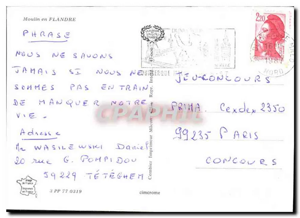 Moulin à vent en Flandre — éditeur Graphphil, n° de série non visible - Verso