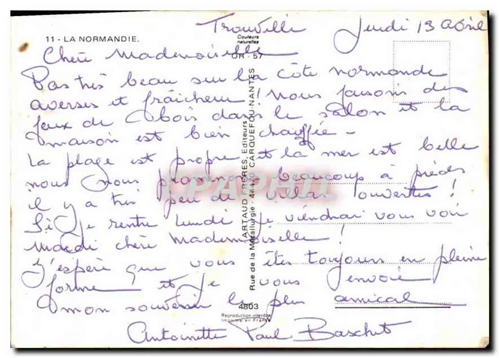 Kraj Normandii — widok z Trouville — wydawca Artaud Frères, nr 11 - Rewers