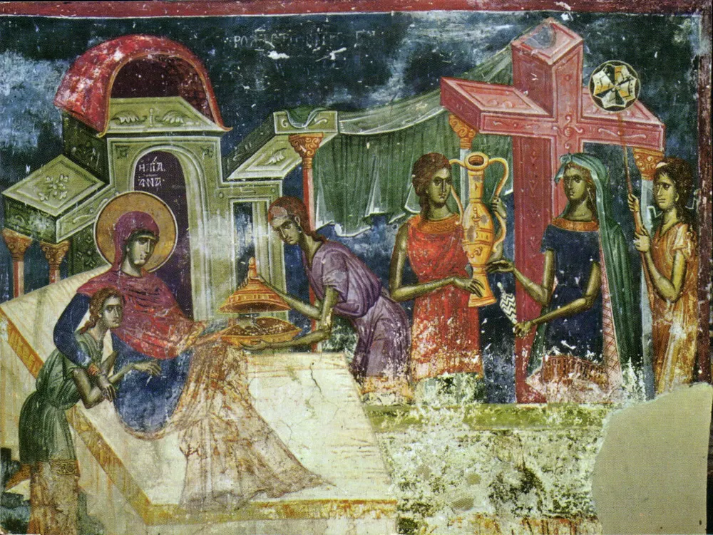 Kirche von St. Demetrios, Bogoroditsa — Geburt der Jungfrau, Fresko des 14. Jahrhunderts — P. Manzari S.R.L. Echid, n°317 - Vorderseite