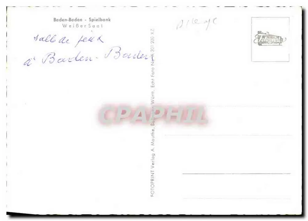 Sala de jogos em Baden-Baden — Sala de jogos da Spielbank — editada por A. Mauthe, Baden-Baden - Verso