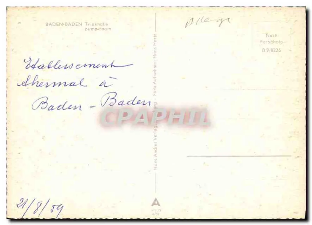 Baden-Baden — Trinkhalle (pump-room) — Hans Andres Verlag, B 9/8226 - Verso