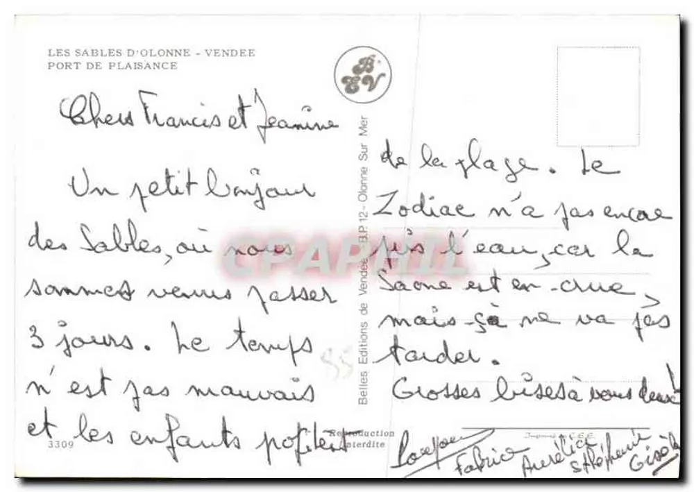 Les Sables-d'Olonne - Porto de Praia — Éditions de Vendée, n°3309 - Verso