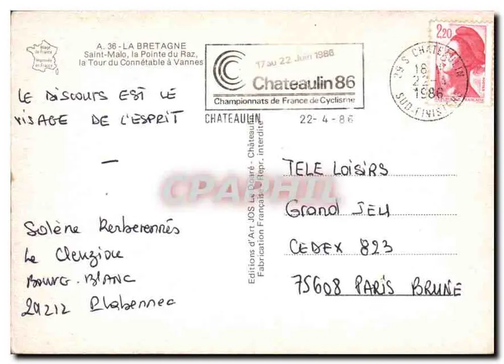 Touristische Ansichtskarte von der Bretagne — Art-Editionen JOS, Châteaulin — Nr. 36 - Rückseite