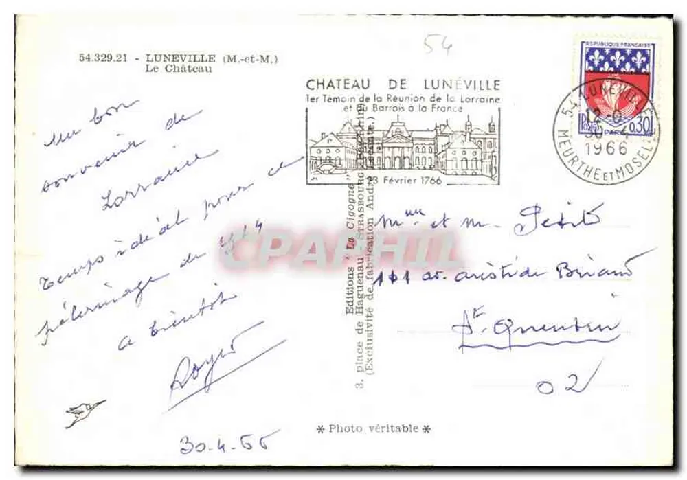 Castelo de Lunéville — 1º Testemunho da Reunião da Lorena e dos Barrois à França — Edições La Cigogne - Verso