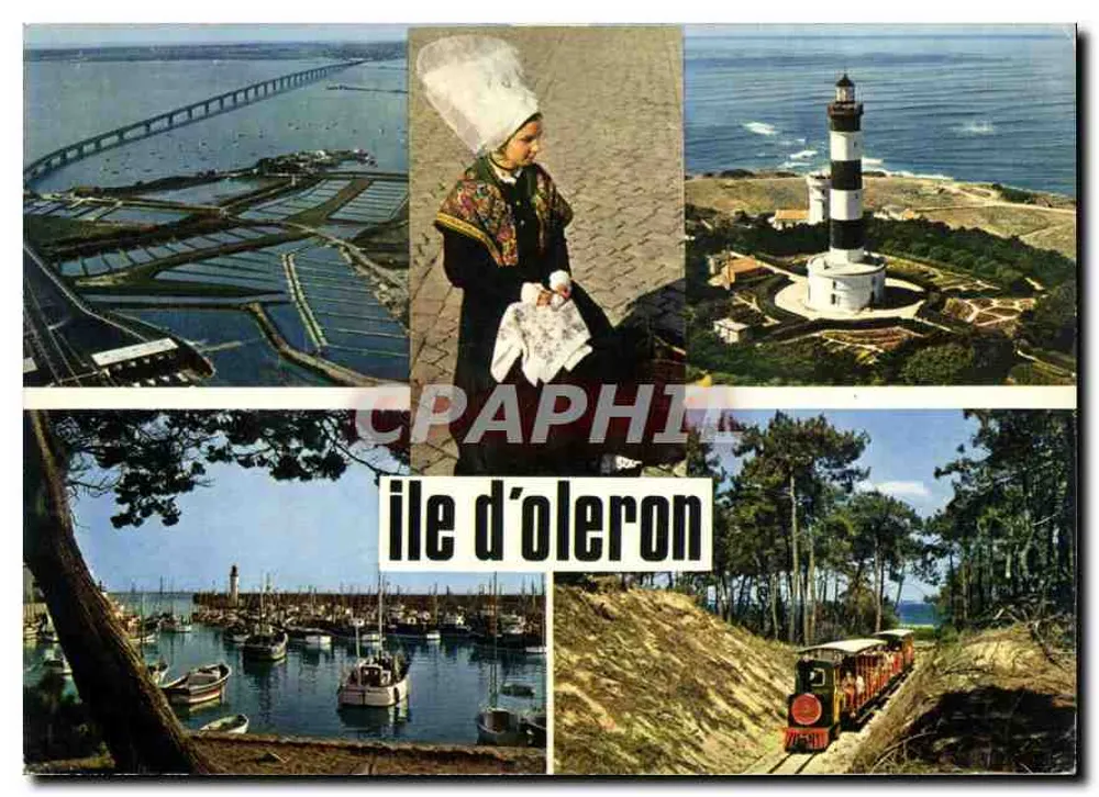 Ilha de Oléron — vista aérea dos marais salinos, mulher em traje tradicional, farol de Chassiron, porto da Cotinière e pequeno trem — Éditions Réamius, n°13 - Frente