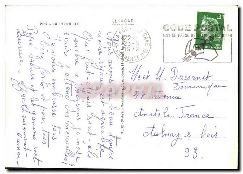 La Rochelle — Ogólny widok, Wieża Godzin, Wieża Czterech Strażników, Hotel Miasta, Mail — Wydawca nie widoczny, nr serii 2057 - Rewers