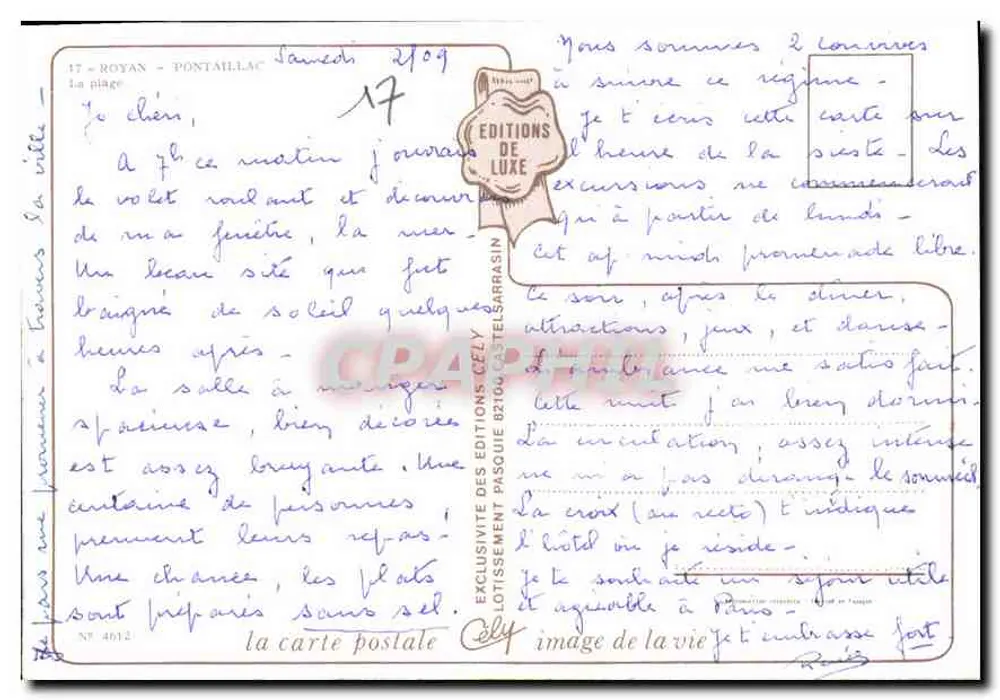 Pontaillac — vista da praia e do porto — Edições Cély, n° 4012 - Verso