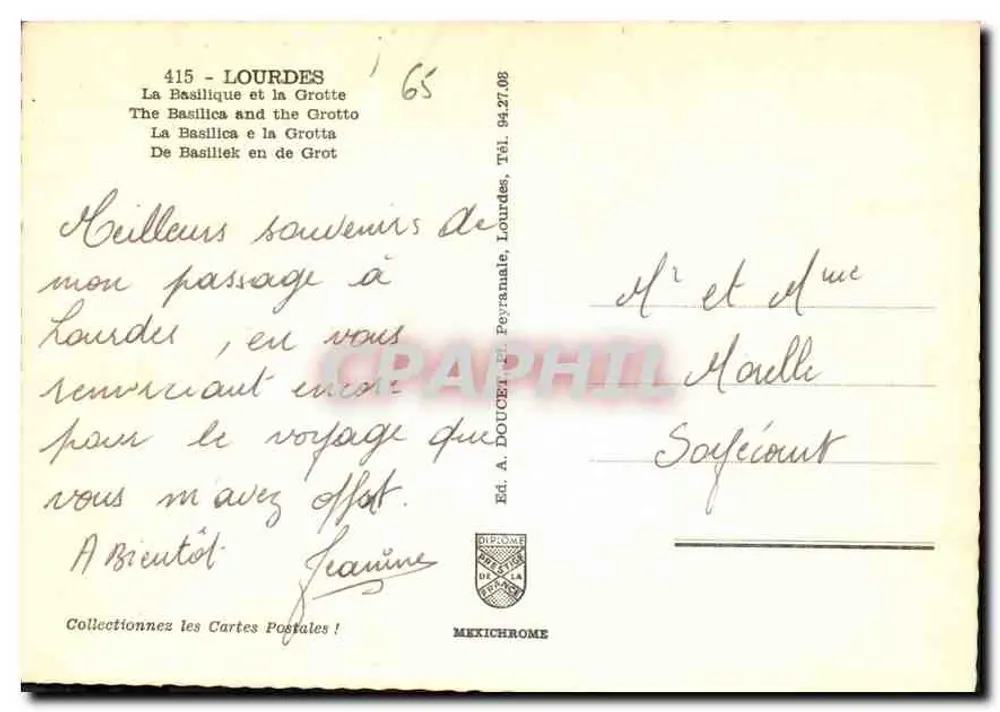 Lourdes — Basílica e Gruta — Éd. A. DOUCHE, n° 415 - Verso