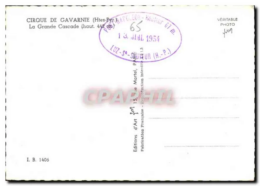 Cirque de Gavarnie — La Grande Cascade (alt. 442 m) — Éditions d'Art d'Art 15, rue Martel, Paris - Verso