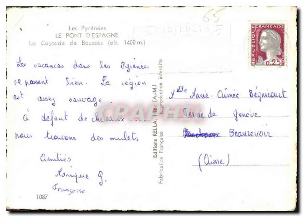 La Cascade de Boussès — Die Pyrenäen — Editions Rella (A-M) Nr. 1087 - Rückseite