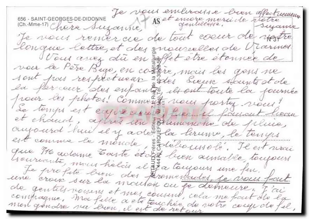 Saint-Georges-de-Didonne — vista de praia, pôr do sol, flores e moinho — editor ARNAUD Frères, N° 656 - Verso