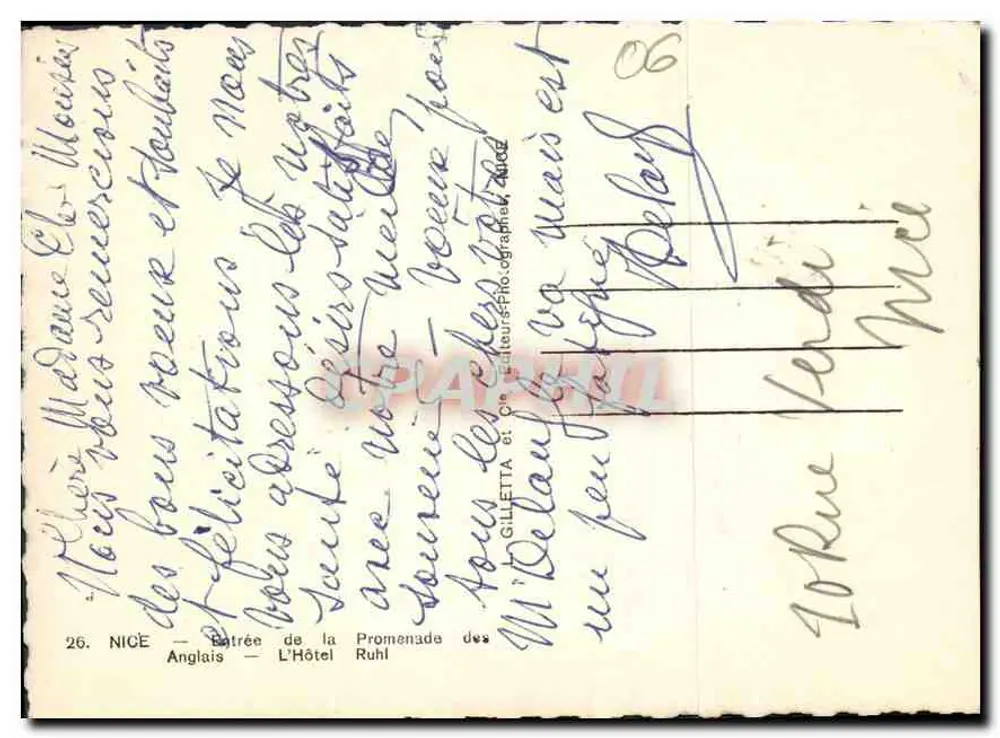 Nice — Eingang zum Hotel Ruhl — Verlag Gilletta - Rückseite