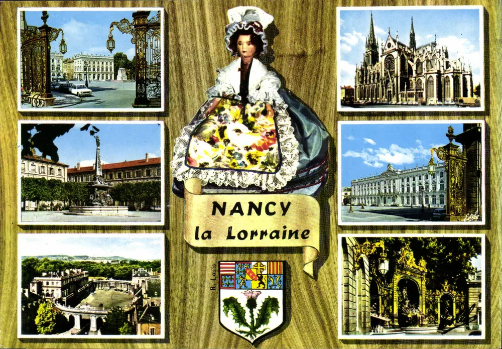 Nancy in der Lothringen — Panoramablick mit Figur und Wappen — Éditions ESTEL - Vorderseite