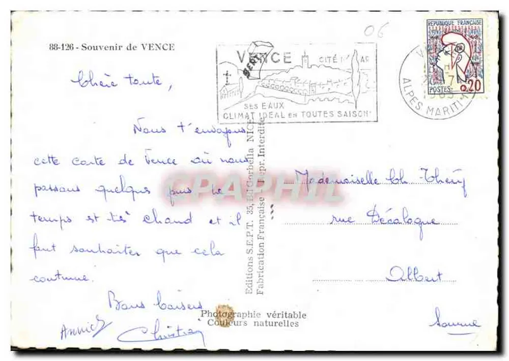 Vence — vista panorâmica e monumentos — Edições S.E.P.T. n°88-126 - Verso