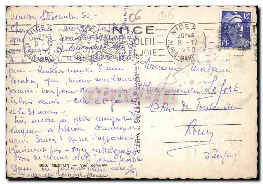 Menton — Vista geral — Editora Gilletta, n° 906 - Verso