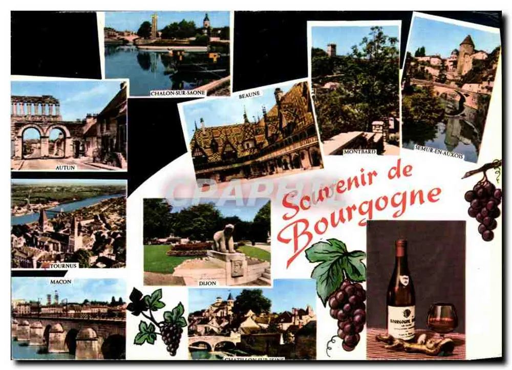 Lembrança da Borgonha — Colagem de locais (Autun, Chalon-sur-Saône, Beaune, Montbard, Semur-en-Auxois, Tournus, Mâcon, Dijon) — Editor não visível - Frente