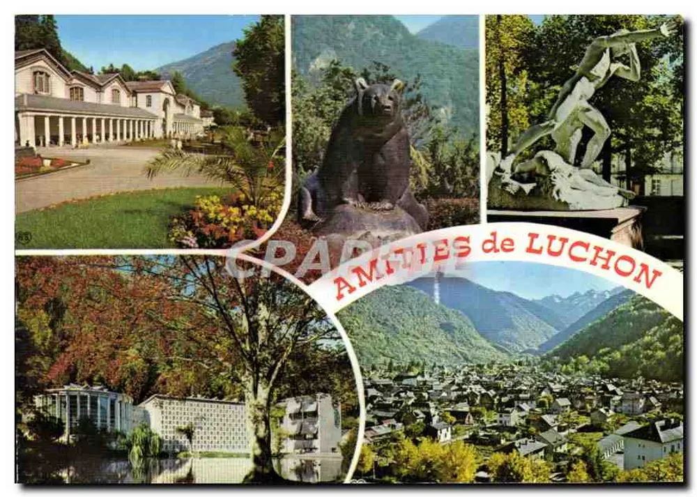 Luchon — Vista geral, termas, estátua de Abel e Cain, lago dos Quinconces — S.A. Cartes Postales de Luchon (Hte-Garonne) - Frente
