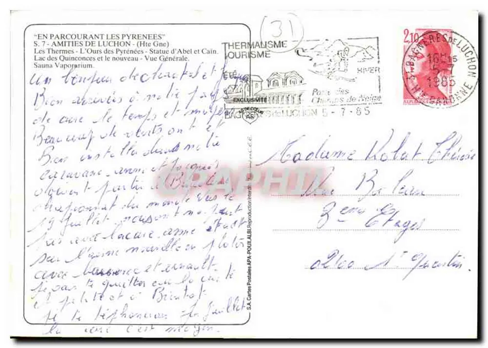 Luchon — Vista geral, termas, estátua de Abel e Cain, lago dos Quinconces — S.A. Cartes Postales de Luchon (Hte-Garonne) - Verso