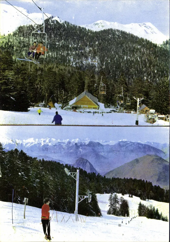 Bergzentrum Sommer-Winter von Mourtis — Seilbahn Tuc de l'Étang, das Gemeindehaus, die Pisten — Éditions d'Art Toulouse - Vorderseite