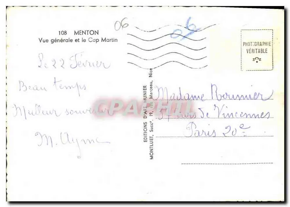 Menton — Ogólny widok i Kap Martin — Wydawnictwo Art Munier, nr 108 - Rewers