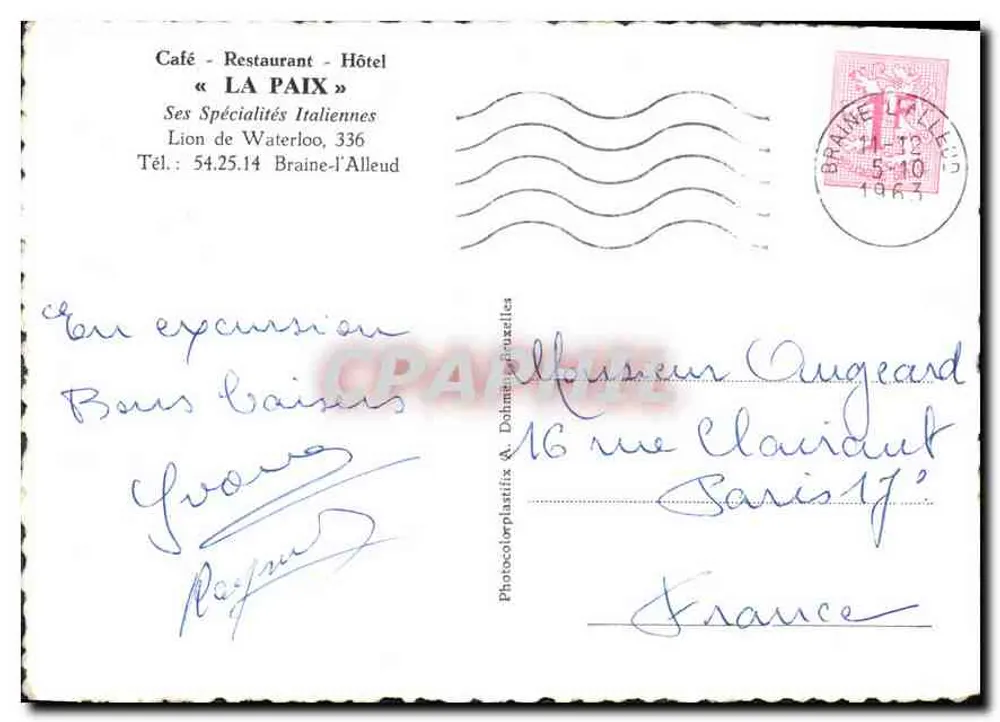 Waterloo — Erinnerung an Waterloo — Hotel La Paix, Verlag Hibery, Nr. 101 - Rückseite