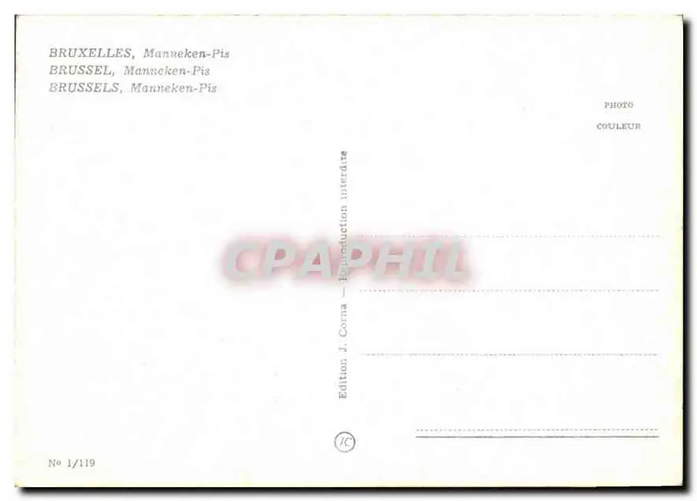 Manneken-Pis — Bruxelas — Edição J. Corna, n° 1/119 - Verso