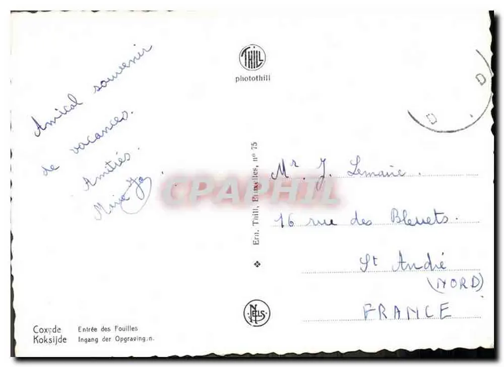 Entrada das escavações — Coxyde, Bélgica — Eno. Thill, Bruxelas, n° 75 - Verso