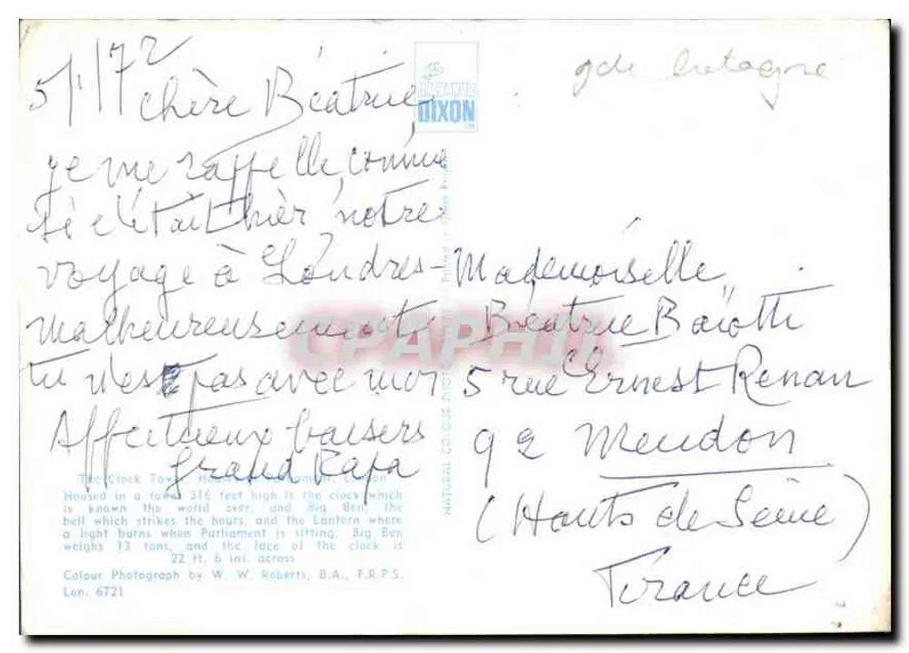 Big Ben — Londres — editor Natural Colour Dixon, n° 6721 - Verso